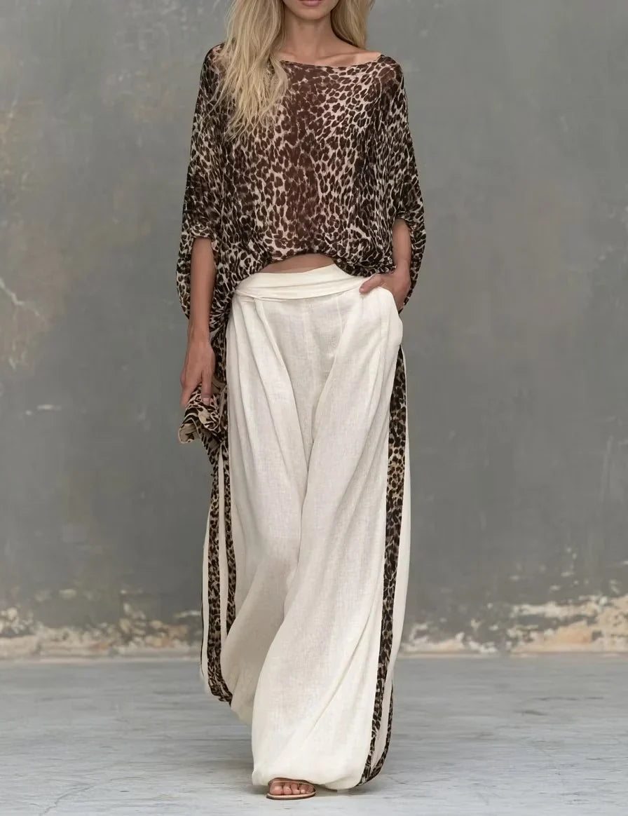 Marcella | Leopard-Print Top &amp; Wide Leg Trousers Set