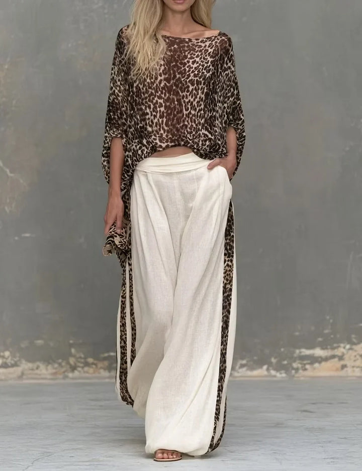 Marcella | Leopard-Print Top &amp; Wide Leg Trousers Set