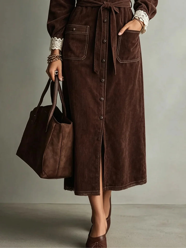 Karin| Brown Corduroy Lace-Collar Shirt Dress