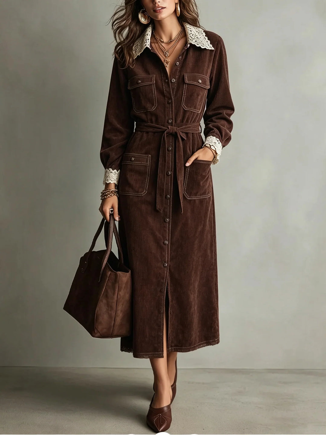 Karin| Brown Corduroy Lace-Collar Shirt Dress