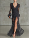 Selene | Lace Ruched Slit Maxi Dress