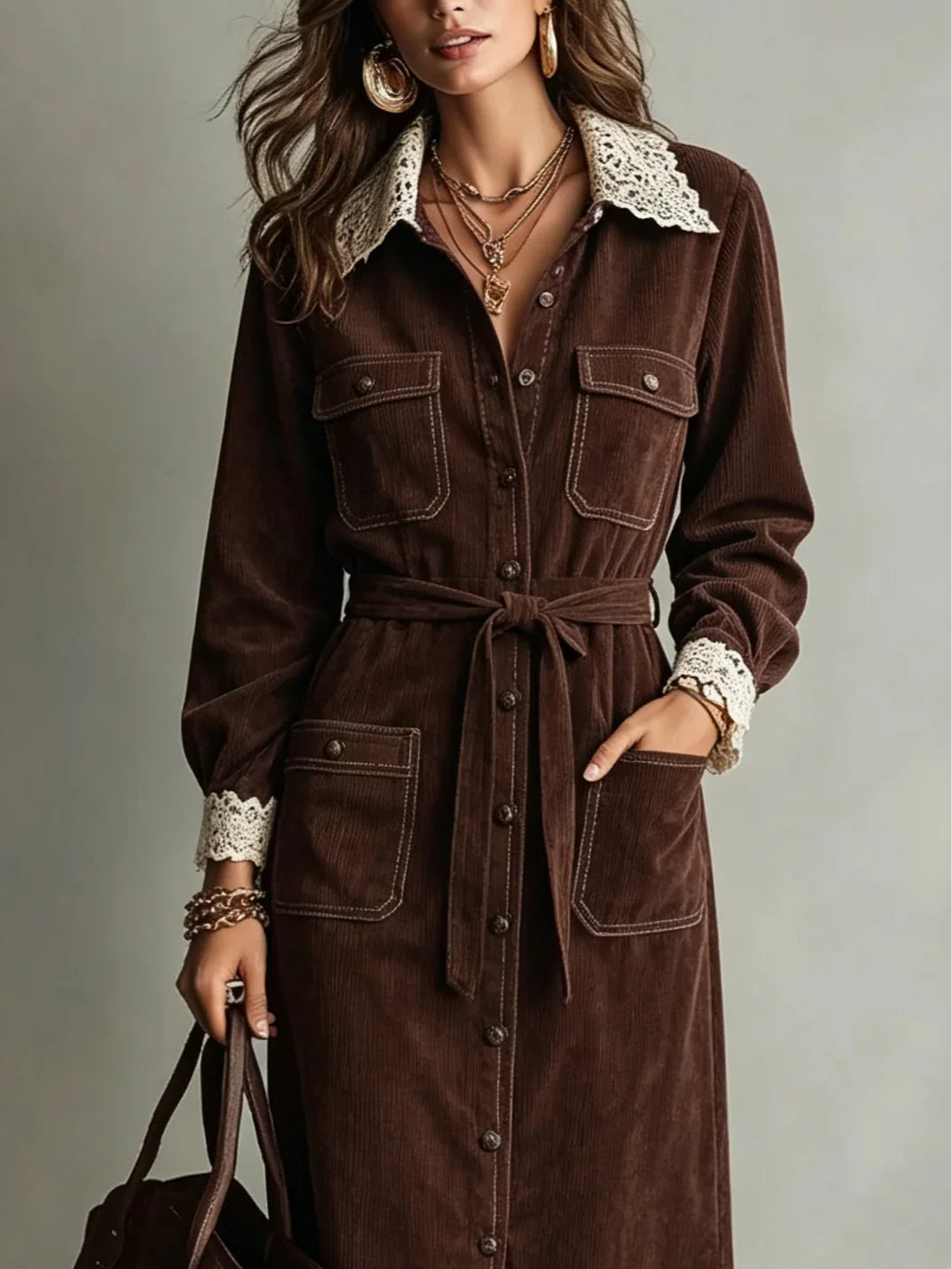 Karin| Brown Corduroy Lace-Collar Shirt Dress
