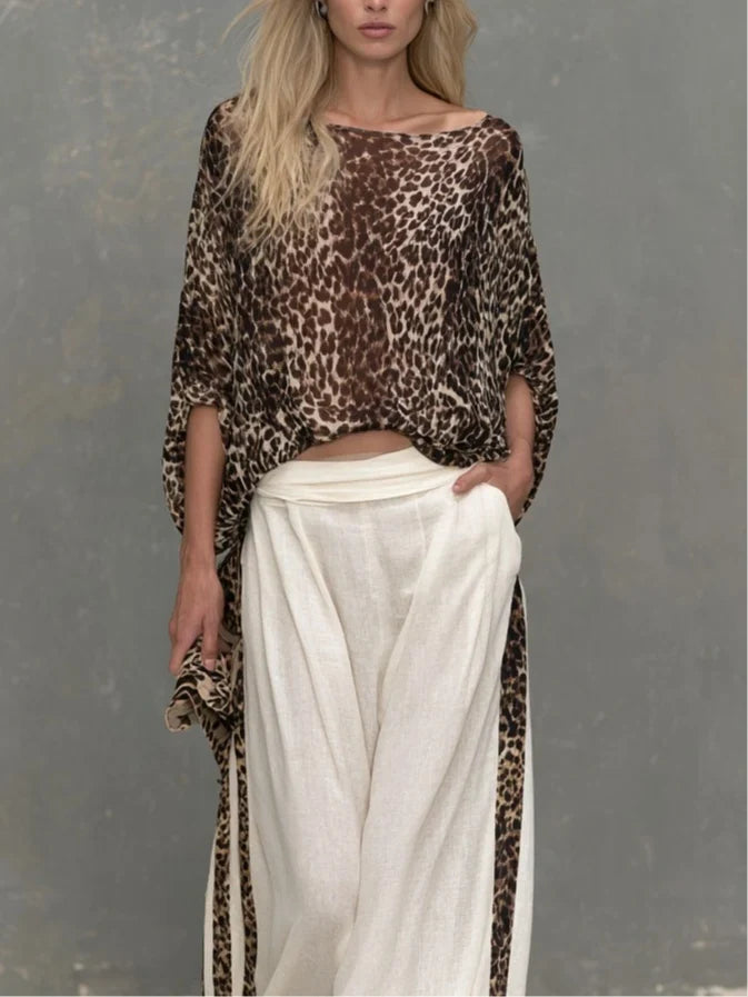 Marcella | Leopard-Print Top &amp; Wide Leg Trousers Set