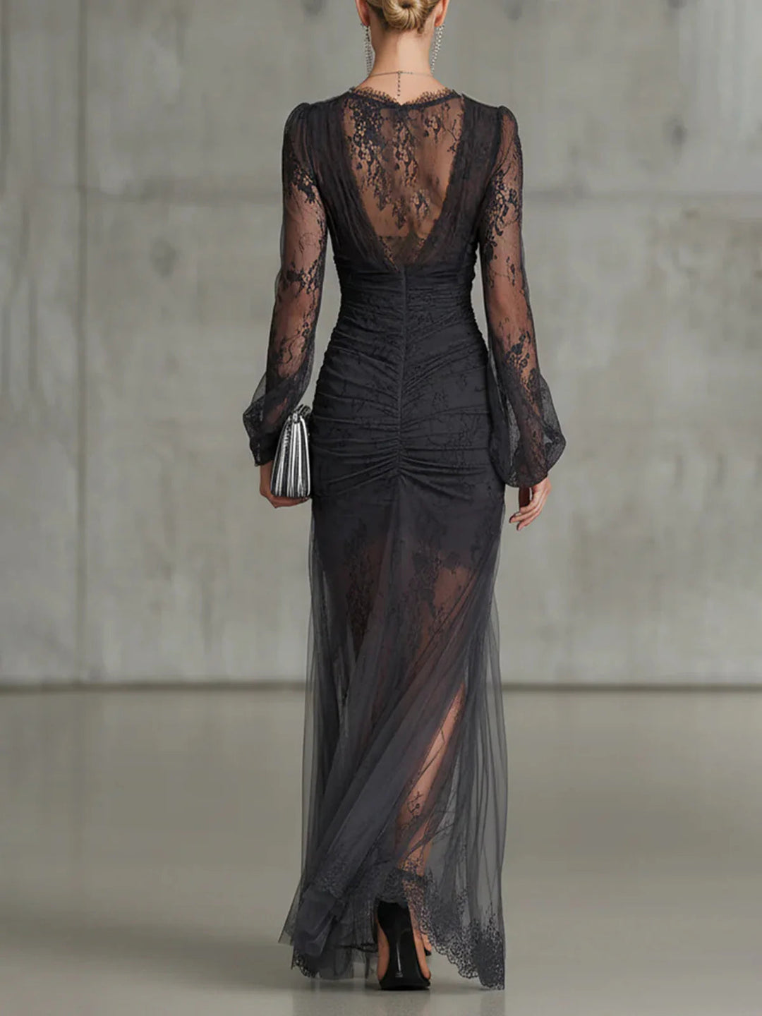 Selene | Lace Ruched Slit Maxi Dress