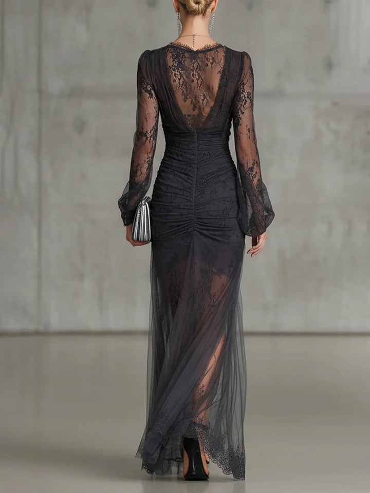 Selene | Lace Ruched Slit Maxi Dress
