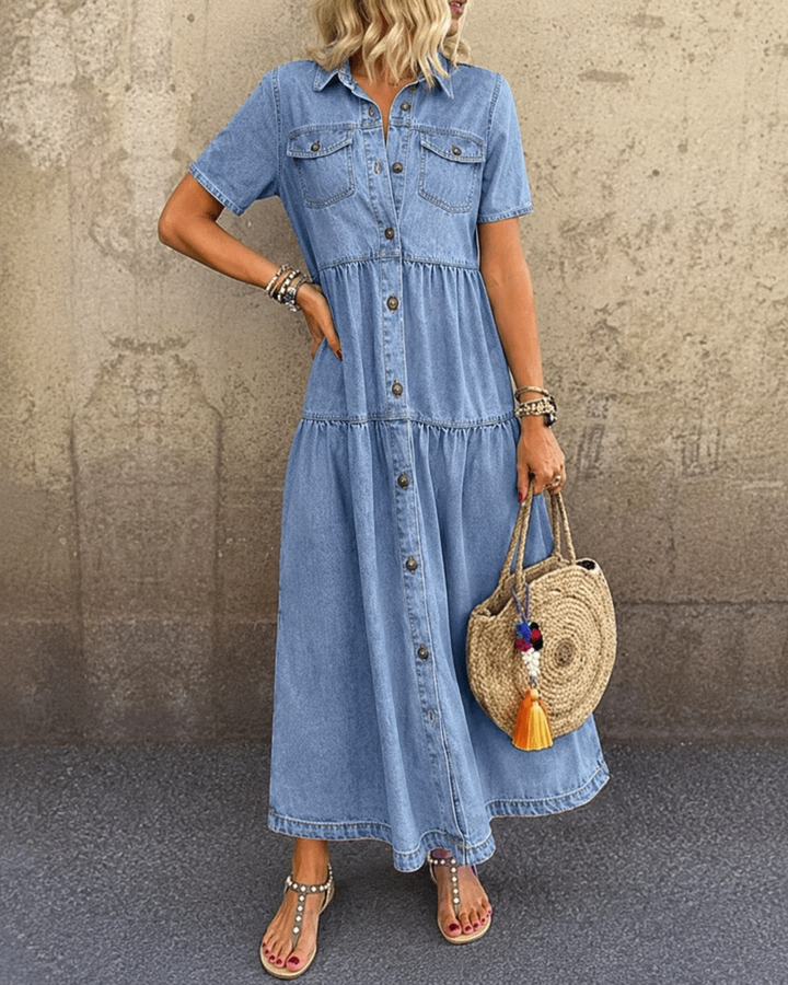 Grace - Belly-covering Denim Midi Dress with Buttons