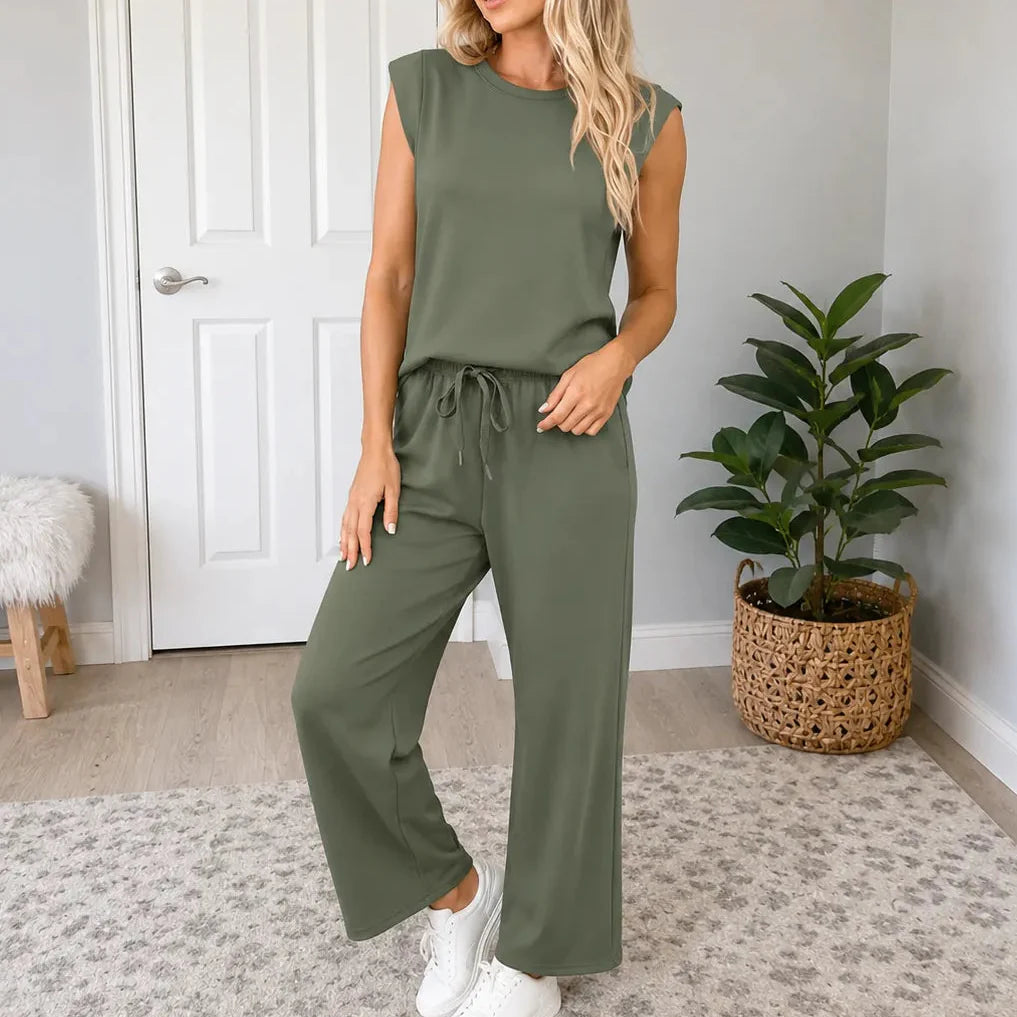 Lounella – Sleeveless Top &amp; Wide-Leg Drawstring Pants 2-Piece Lounge Set
