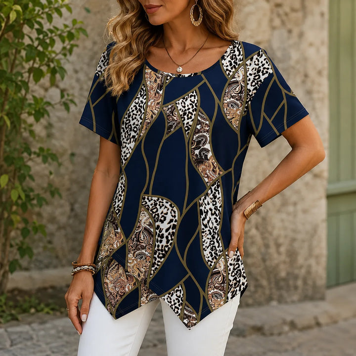 Velora – Asymmetric Hem Leopard Paisley Print Tunic Top