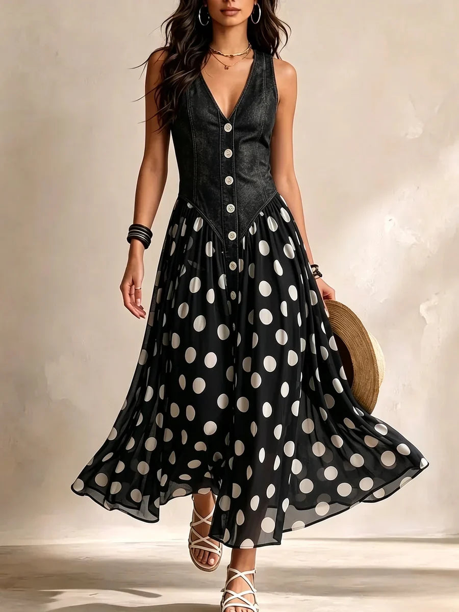 Adeline - Long Denim Polka Dot Dress