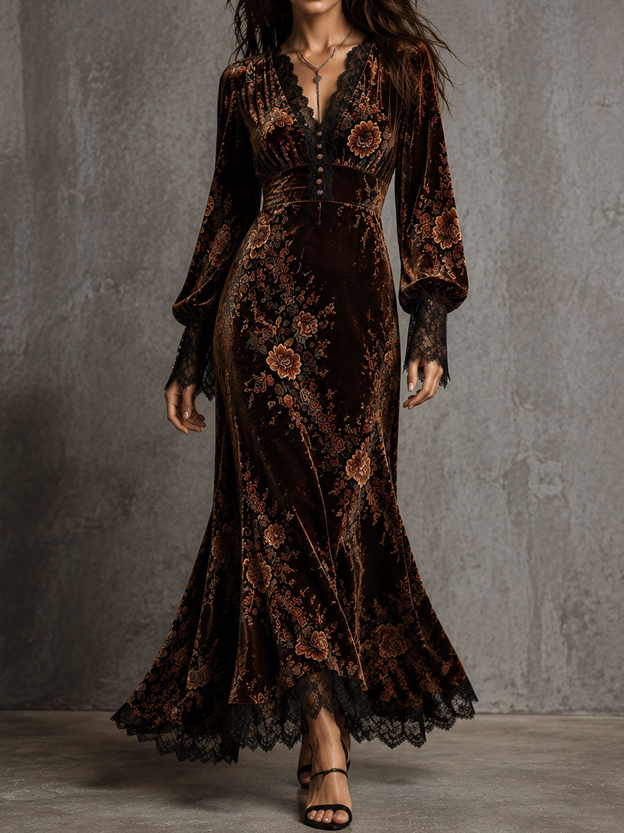 Ottilie | Velvet Floral Lace Puff-Sleeve Dress