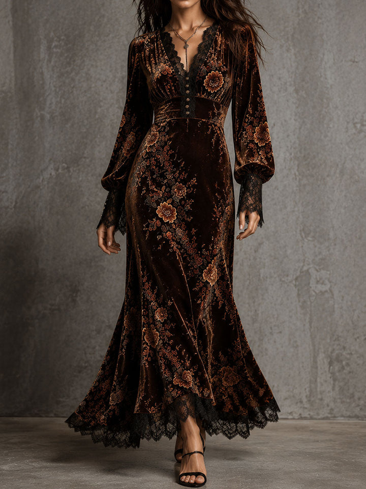 Ottilie | Velvet Floral Lace Puff-Sleeve Dress