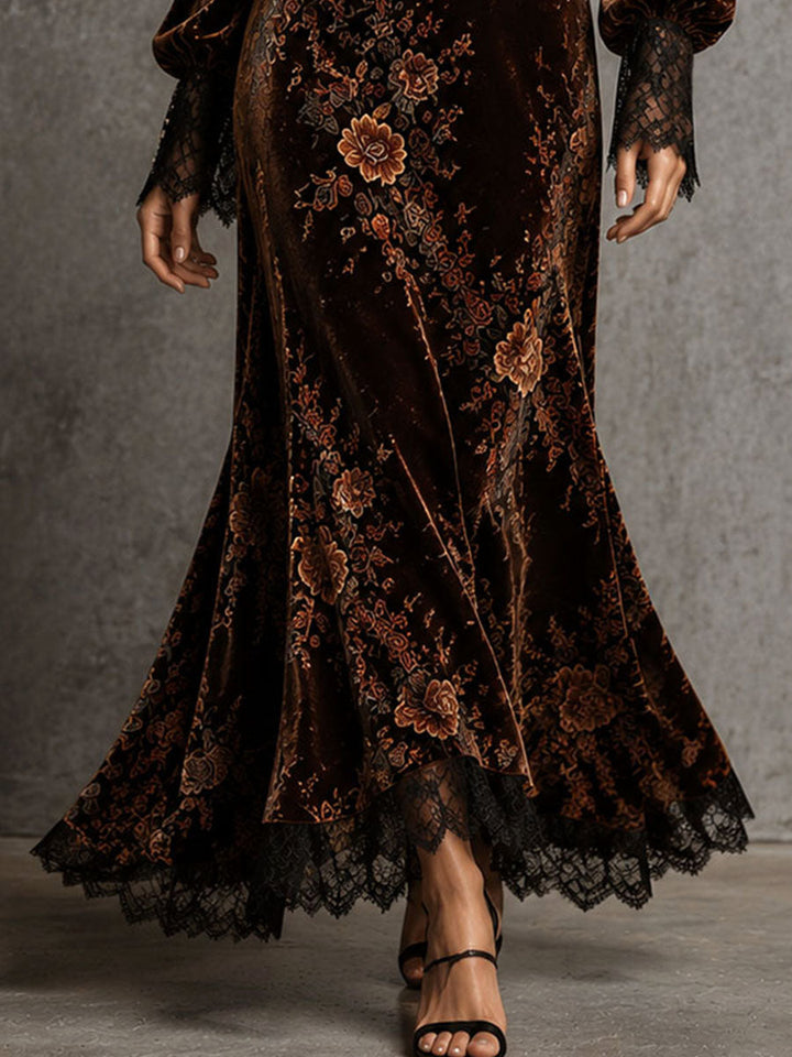 Ottilie | Velvet Floral Lace Puff-Sleeve Dress