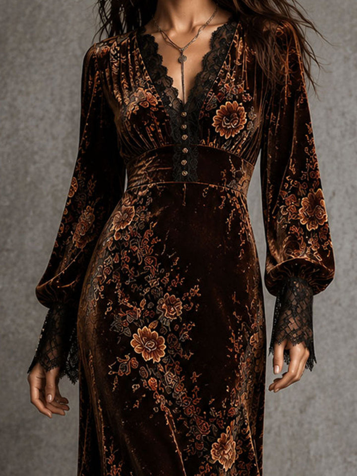 Ottilie | Velvet Floral Lace Puff-Sleeve Dress