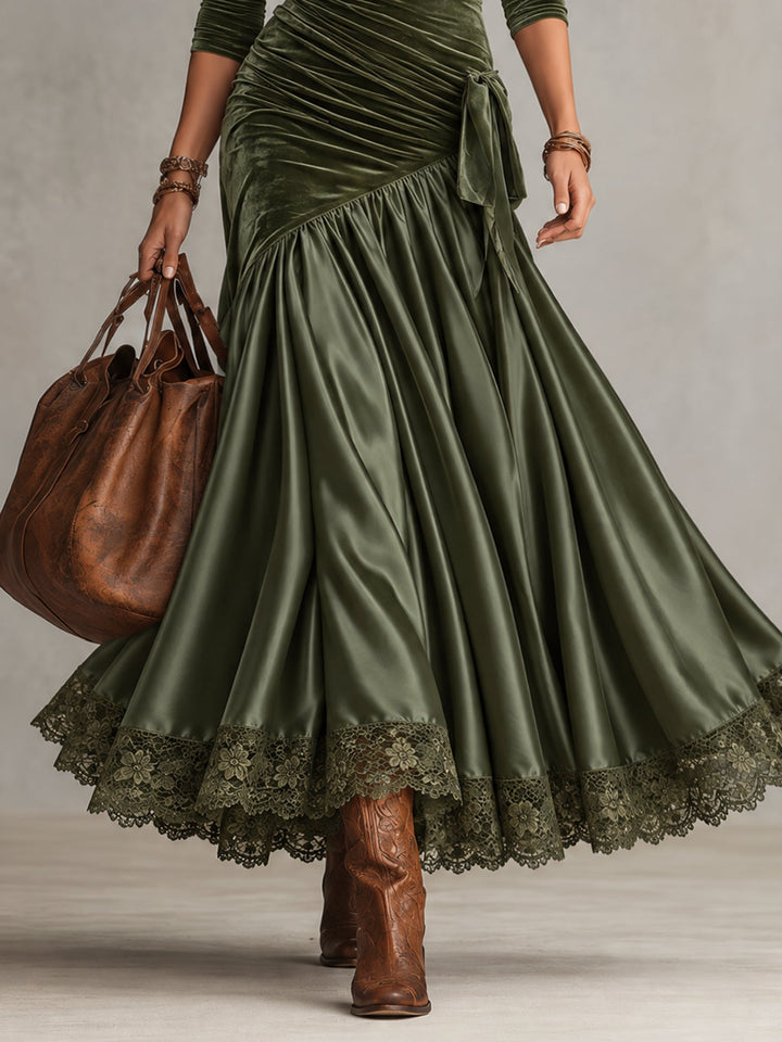 Sabine | Velvet &amp; Satin Lace-Hem Maxi Dress