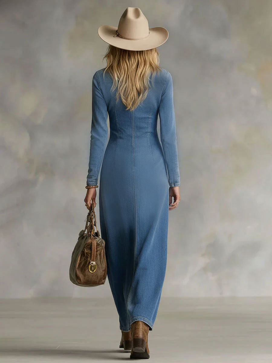 Agape | Denim Button Maxi Dress with Side Slit