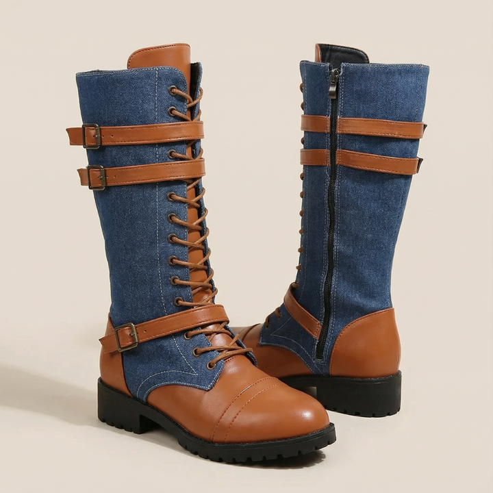 Denara - Denim and Leather Mid-Calf Riding Boots