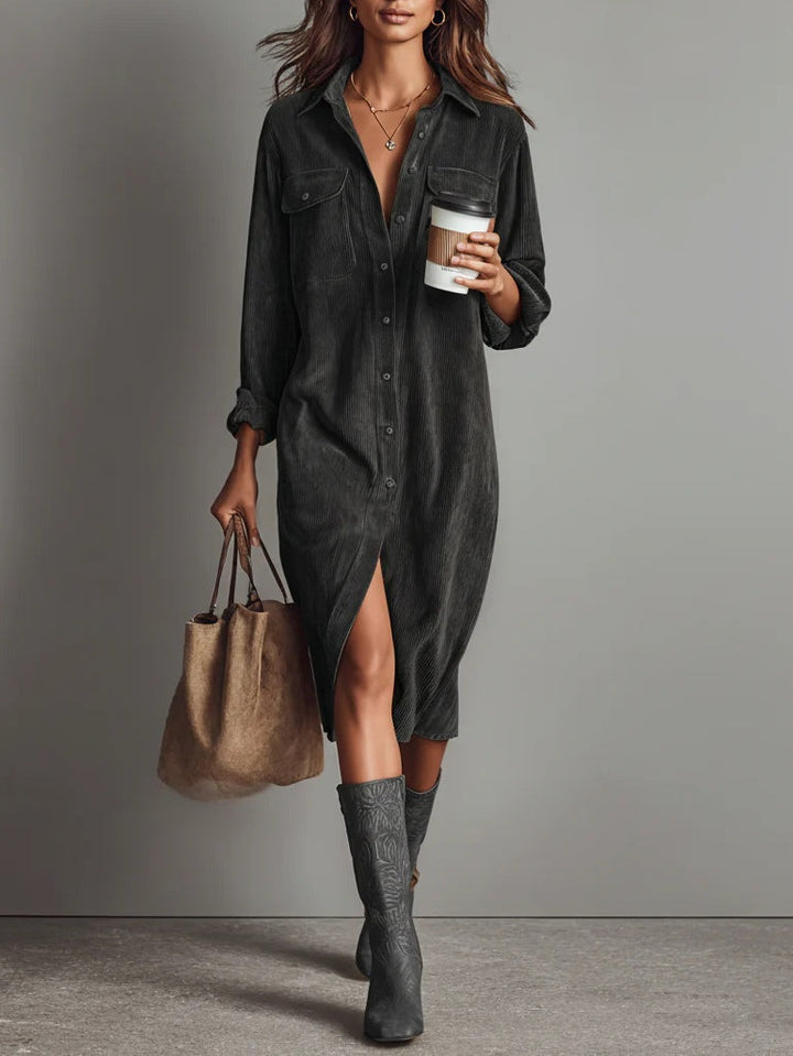Evelyn - Loose Corduroy Double Chest Pocket Single Breasted Midi Dress