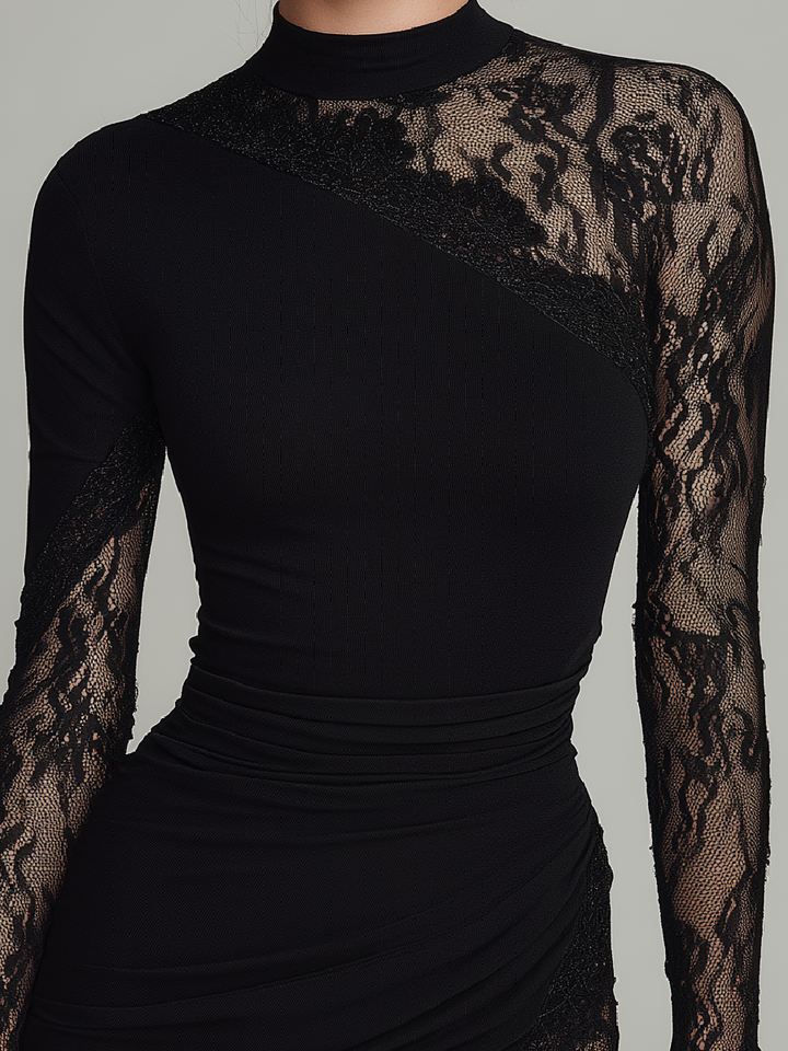 Raven | Lace Turtleneck Tulle Mini Dress
