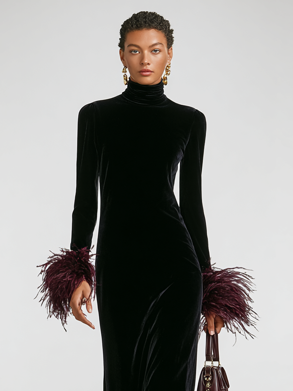 Odile | Velvet Maxi Dress with Feather Trim