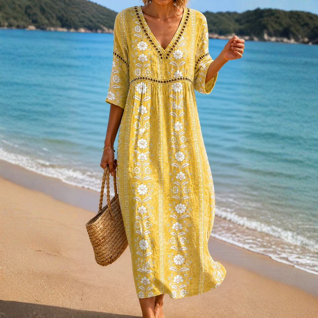 Amber - Soft Yellow Floral Midi Dress