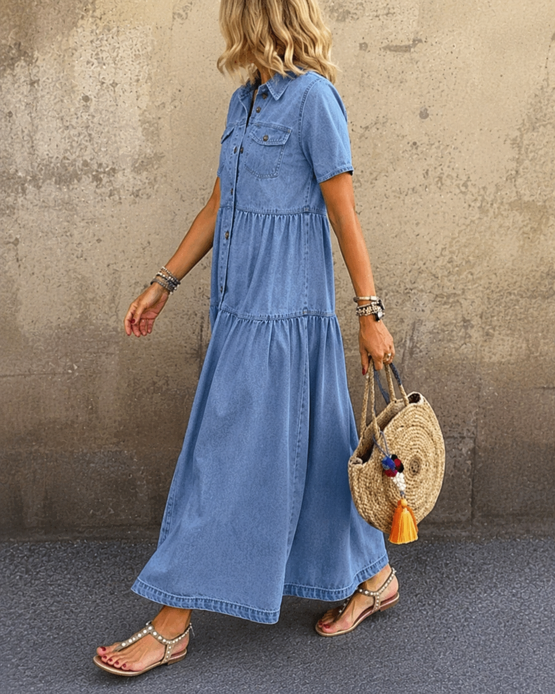 Grace - Belly-covering Denim Midi Dress with Buttons