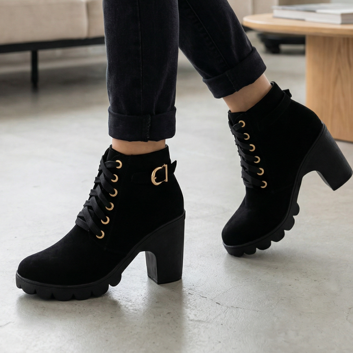 Strovia - Chunky Heel Ankle Boots with Fur Lining