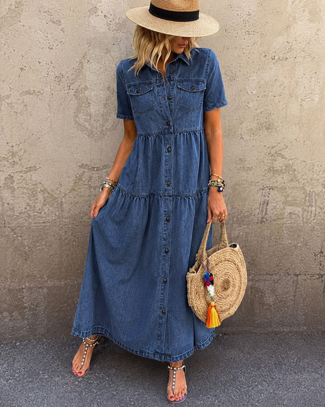 Grace - Belly-covering Denim Midi Dress with Buttons