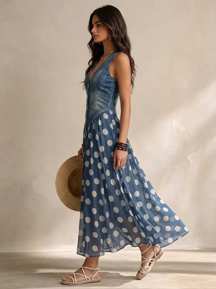 Adeline - Long Denim Polka Dot Dress
