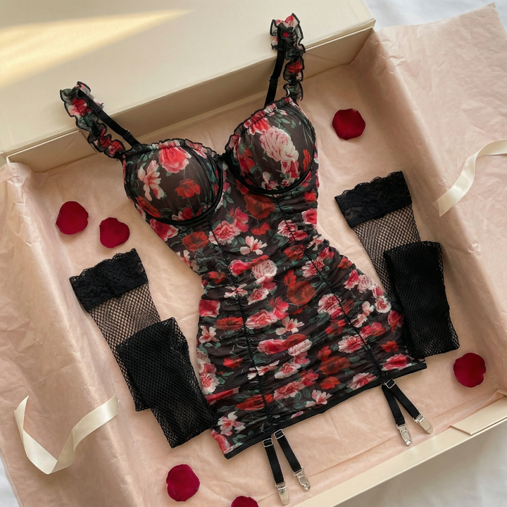 Rosalina – Floral Mesh Garter Dress Set with Stockings