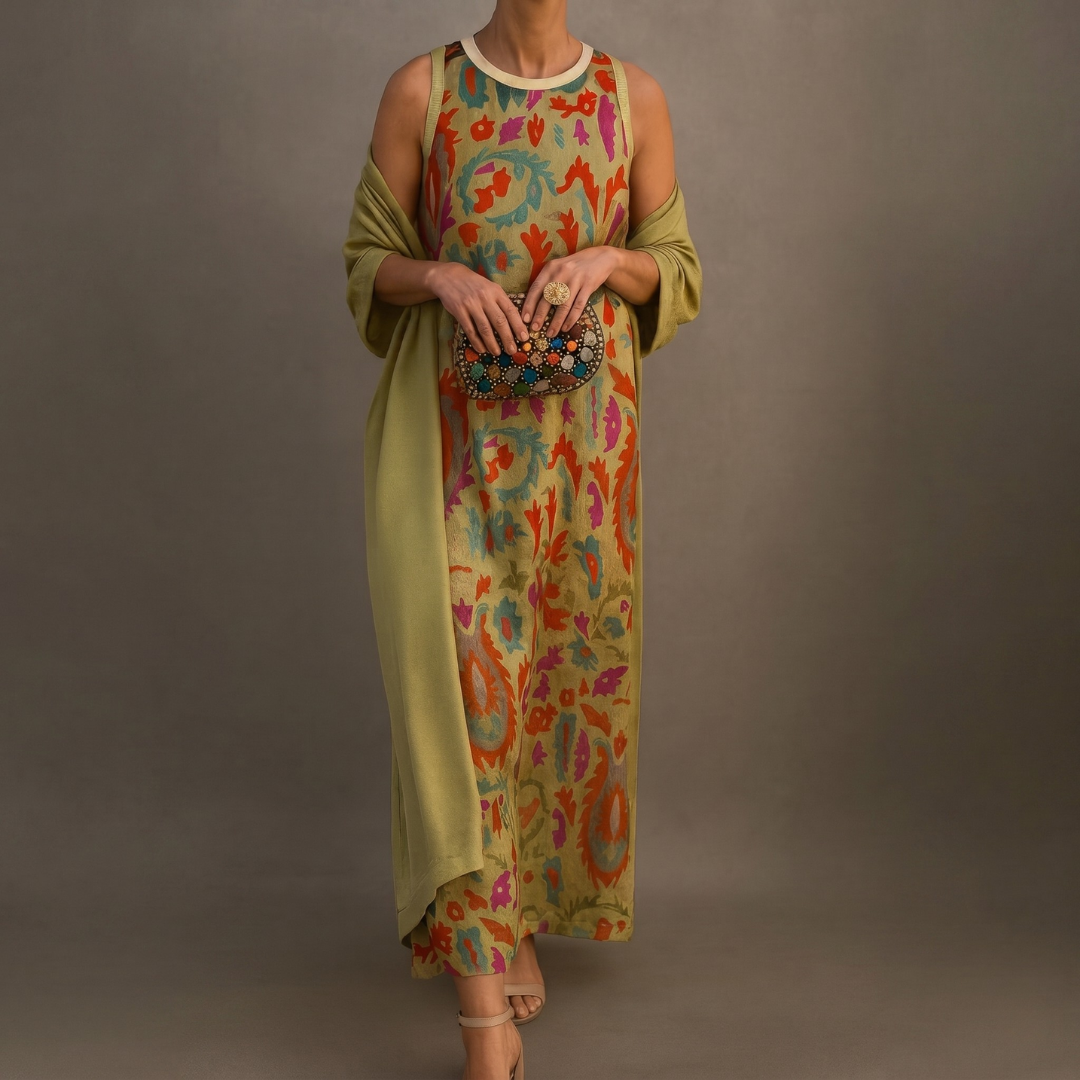 Victoria - Printed Maxi Dress with Matching Layer