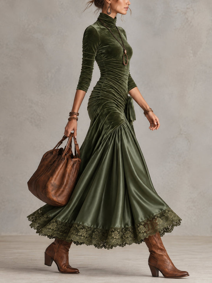 Sabine | Velvet &amp; Satin Lace-Hem Maxi Dress