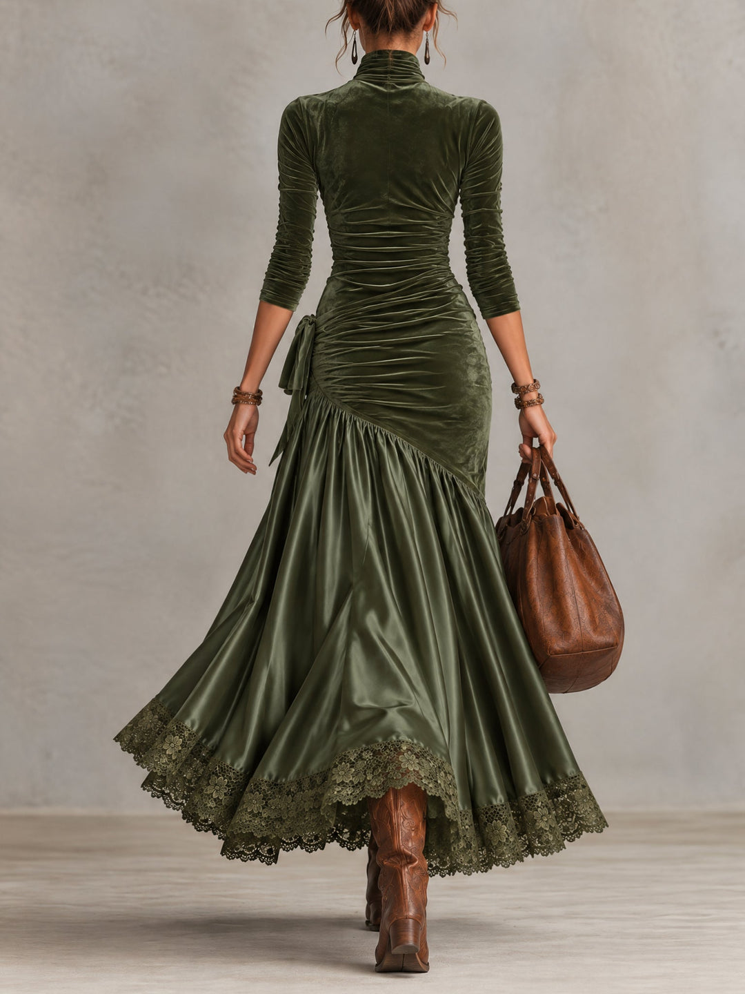 Sabine | Velvet &amp; Satin Lace-Hem Maxi Dress