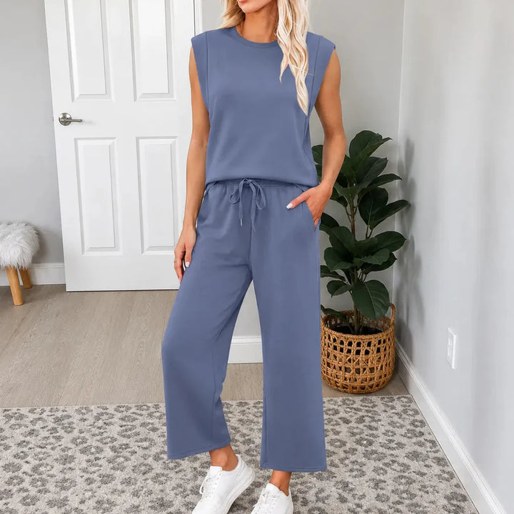 Lounella – Sleeveless Top &amp; Wide-Leg Drawstring Pants 2-Piece Lounge Set
