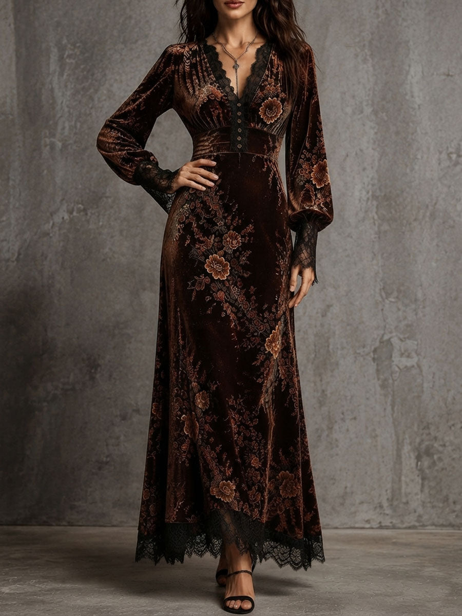 Ottilie | Velvet Floral Lace Puff-Sleeve Dress