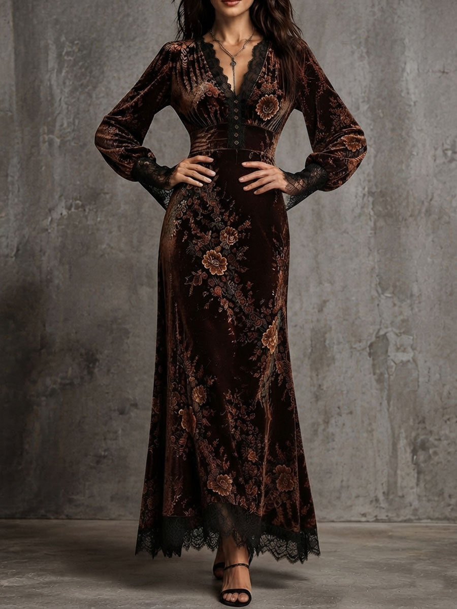 Ottilie | Velvet Floral Lace Puff-Sleeve Dress