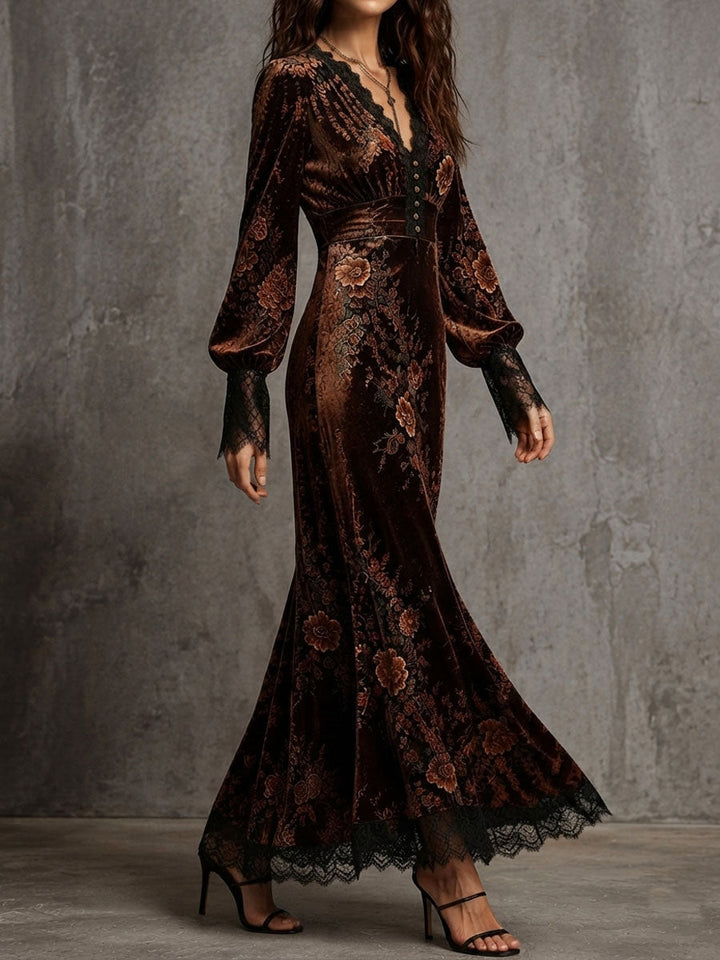 Ottilie | Velvet Floral Lace Puff-Sleeve Dress