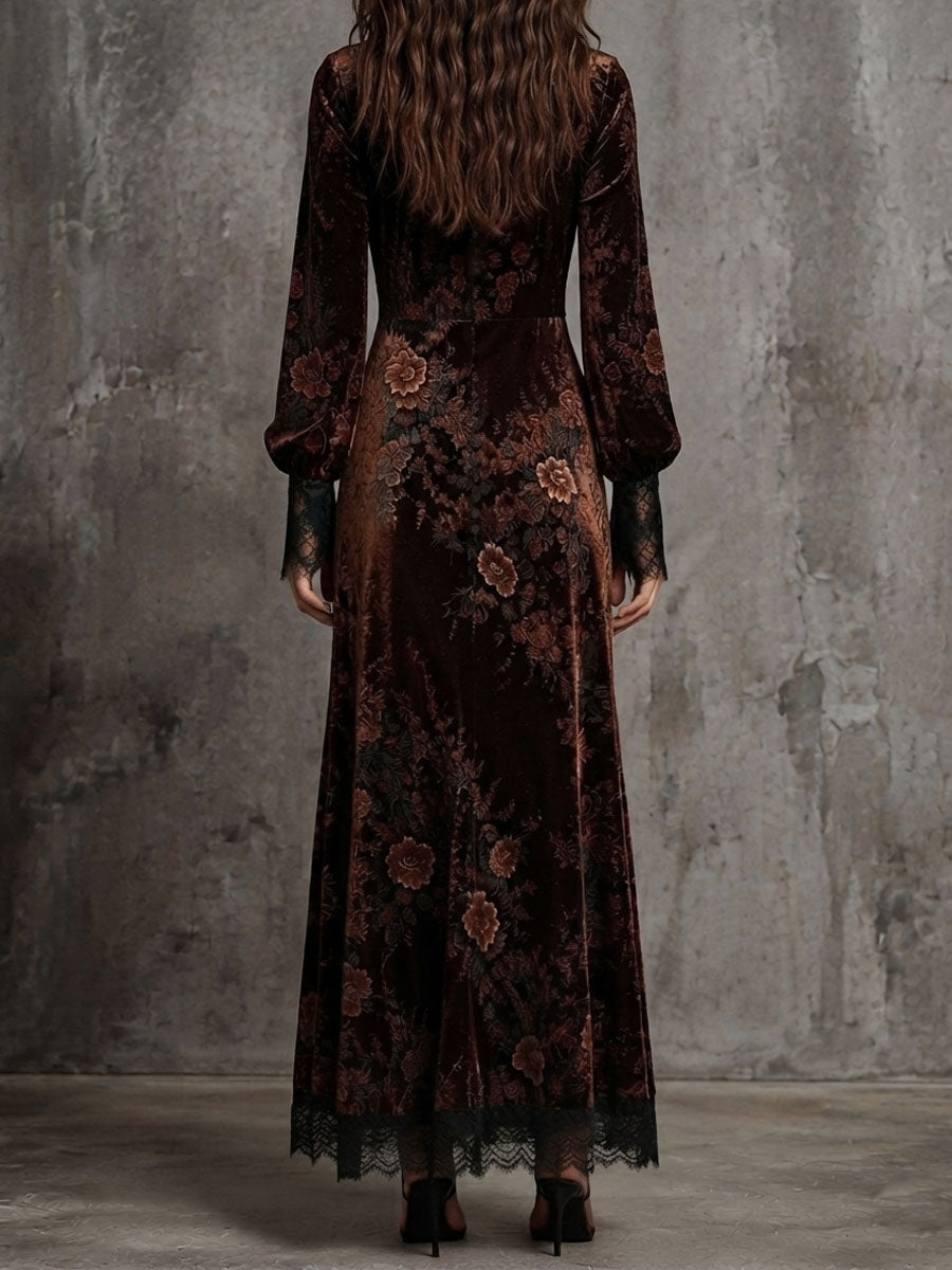 Ottilie | Velvet Floral Lace Puff-Sleeve Dress