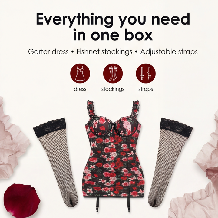 Rosalina – Floral Mesh Garter Dress Set with Stockings