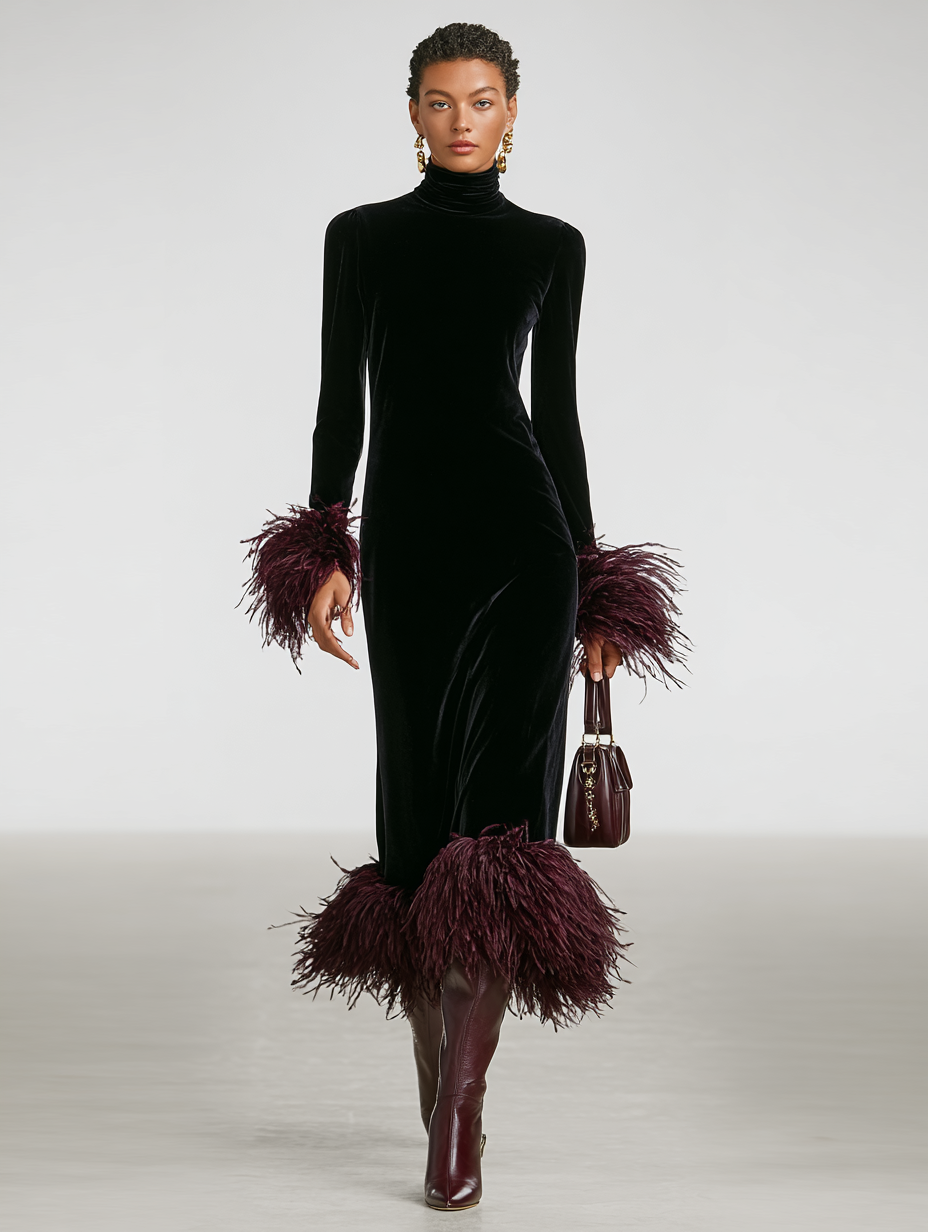 Odile | Velvet Maxi Dress with Feather Trim
