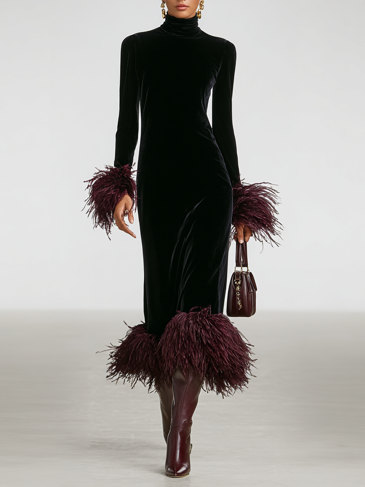Odile | Velvet Maxi Dress with Feather Trim