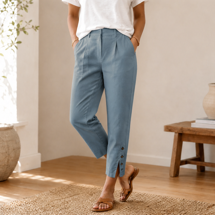 Lunessa™ – Button-Hem Cropped Cotton Pants