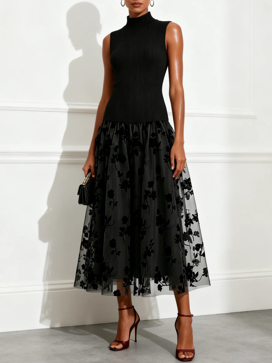 Addie | Flocked Knit High-Neck Maxi Dress