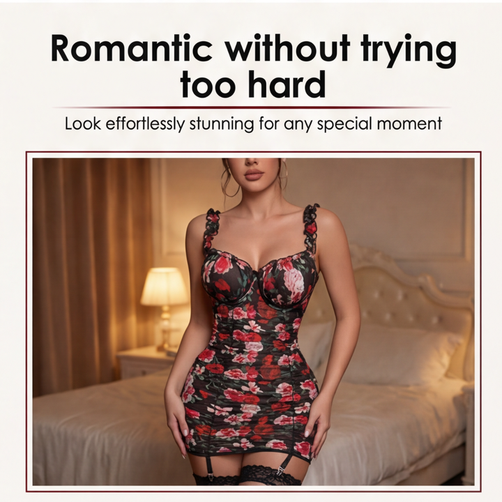 Rosalina – Floral Mesh Garter Dress Set with Stockings