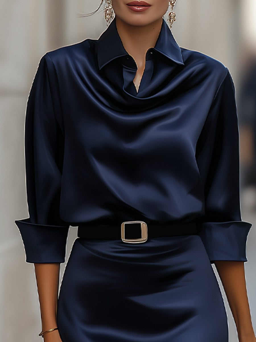 Rosamund | Satin Draped Collar Midi Dress with Belt