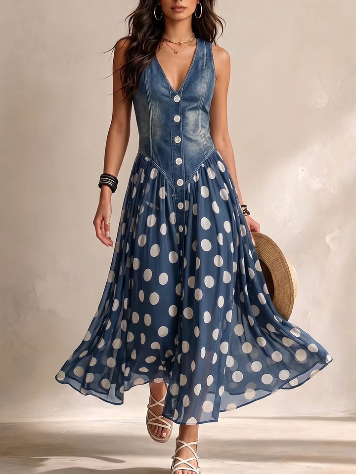 Adeline - Long Denim Polka Dot Dress