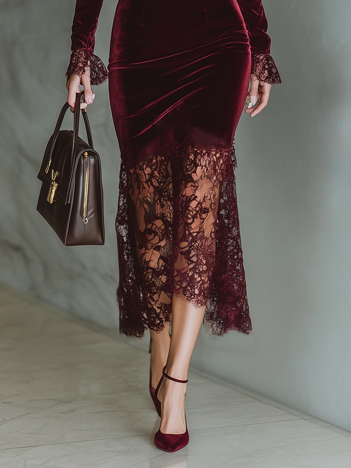 Cosette | Velvet Lace Fitted Maxi Dress