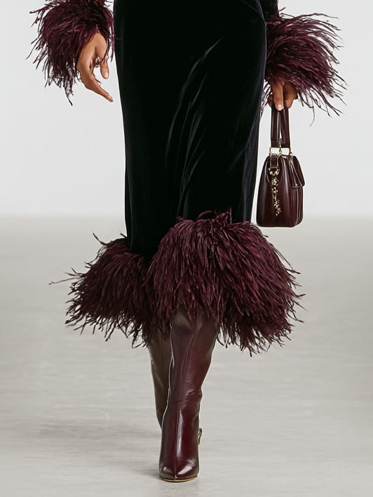 Odile | Velvet Maxi Dress with Feather Trim