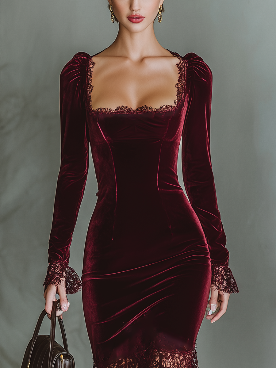 Cosette | Velvet Lace Fitted Maxi Dress
