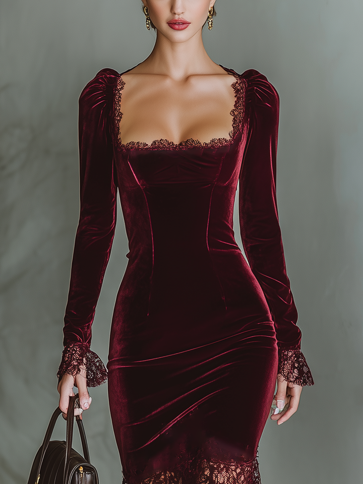 Cosette | Velvet Lace Fitted Maxi Dress