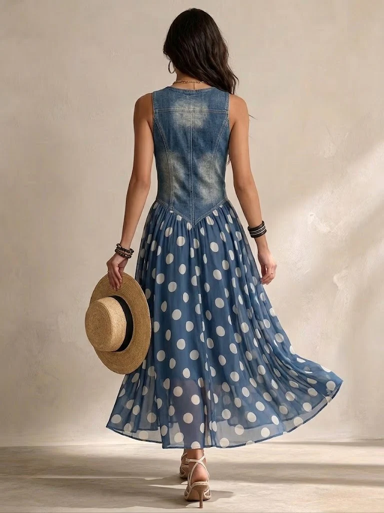 Adeline - Long Denim Polka Dot Dress